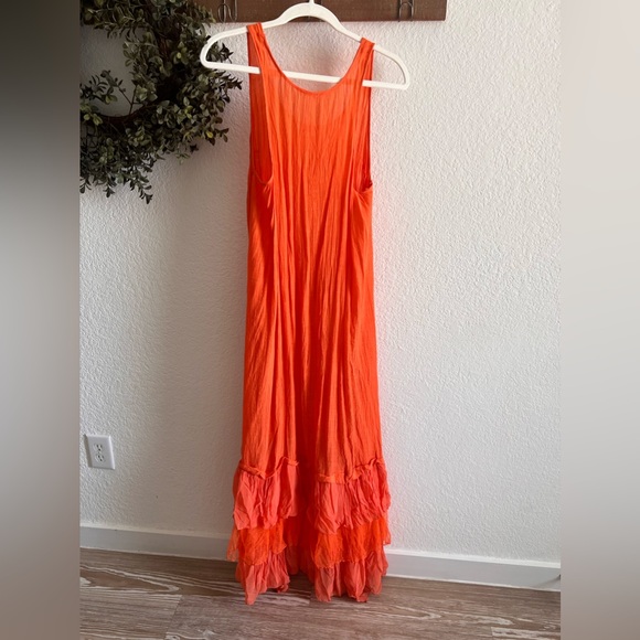 Beautiful orange boutique dress, short front cascading to long ruffling in back - Picture 2 of 5